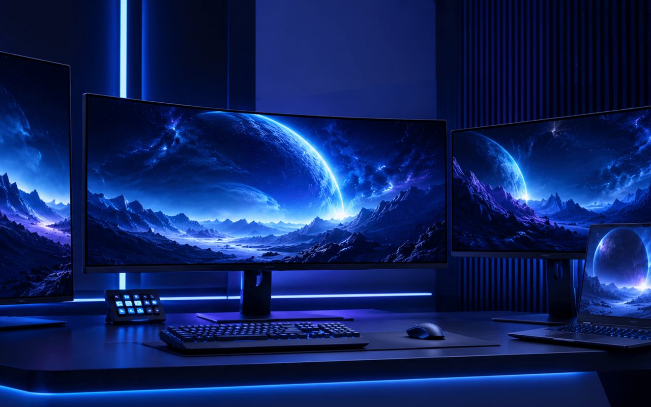 Monitors, keyboard and laptop on a workstation desk