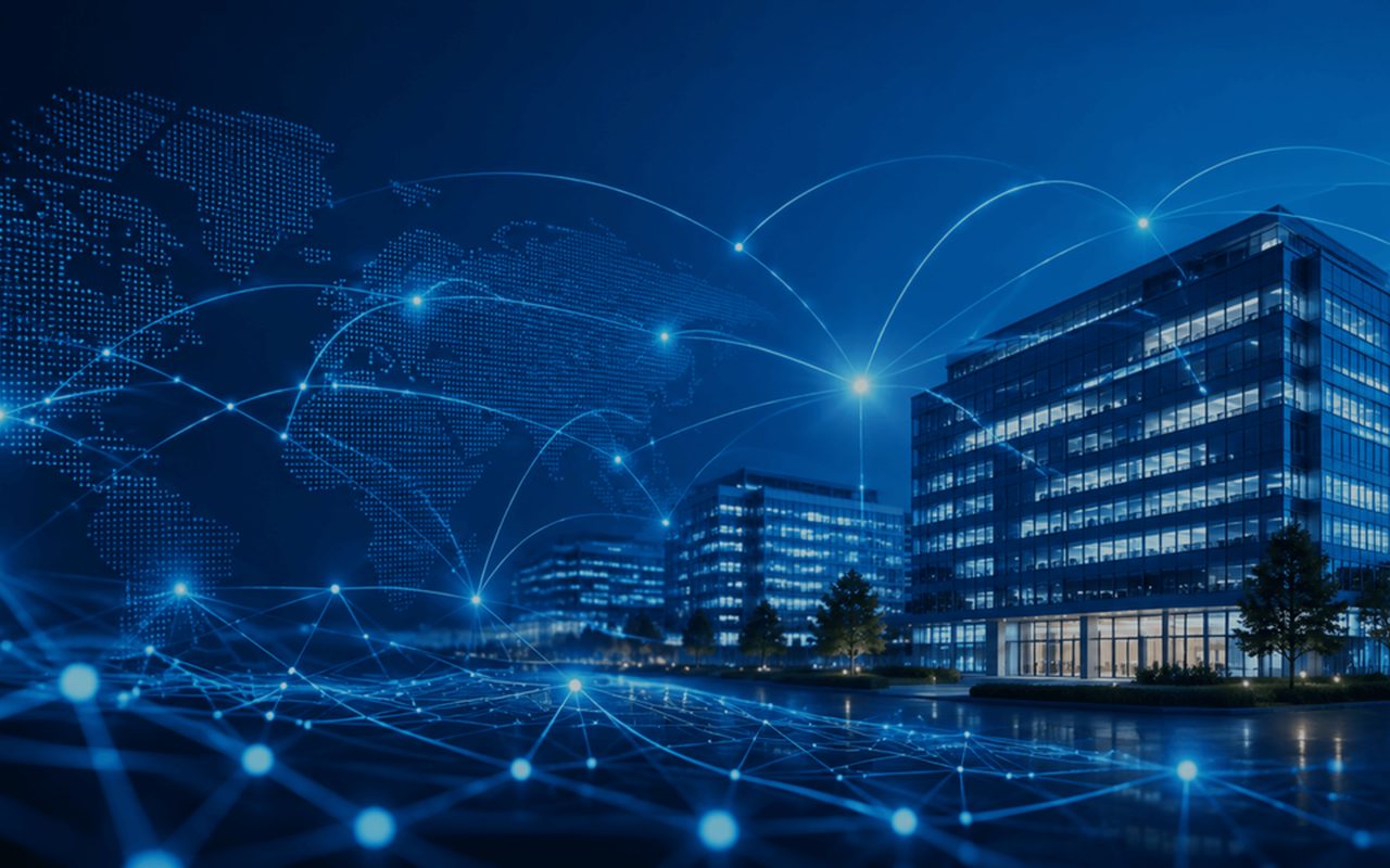 Network connections spreading across an office building