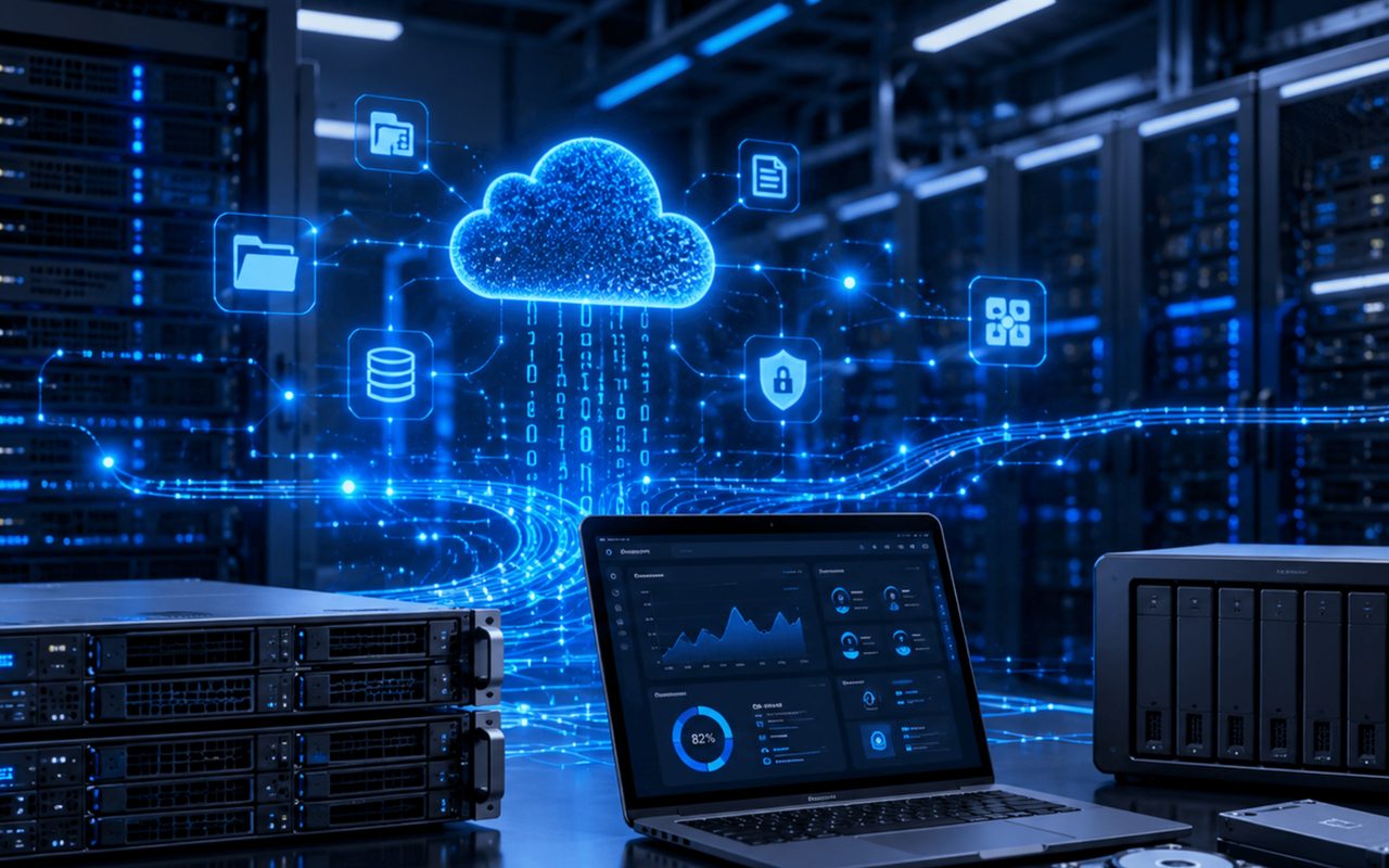 Servers, laptop and storage unit connected to the cloud